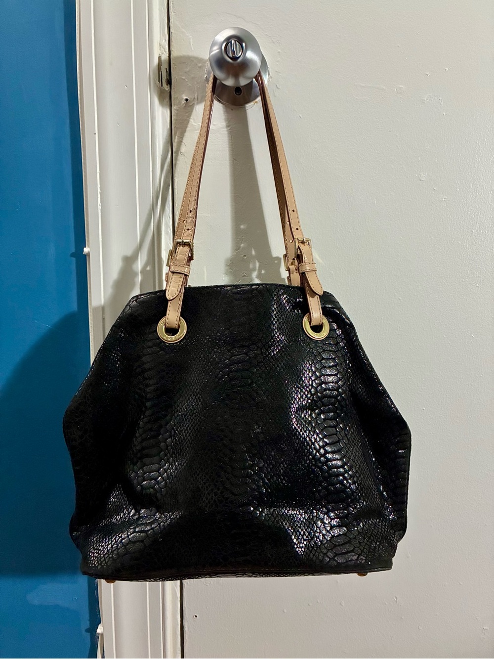 Michael Kors Black Faux-Snakeskin Shoulder Tote with Tan Straps